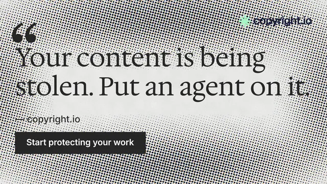 Landscape graphic for copyright.io: "Find your reposted work." Retro print style, quote layout, light palette in grey, white.