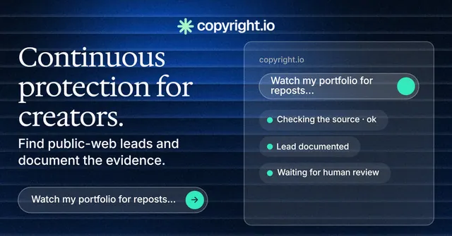 Social ad for copyright.io: "Continuous protection for creators." Agentic glass style, bottom layout, dark palette in black, blue.