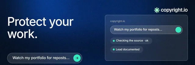 X header for copyright.io: "Protect your work." Agentic glass style, bottom layout, dark palette in blue, black.