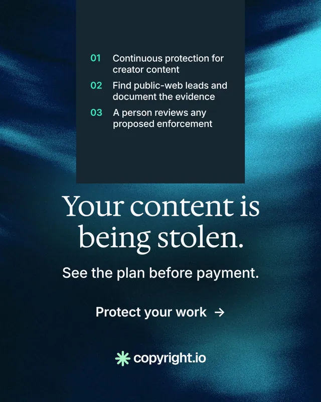Instagram portrait post for copyright.io: "Your content is being stolen." Minimal luxury style, skeleton layout, dark palette in blue, black, teal.