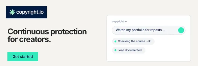 X header for copyright.io: "Continuous protection for creators." Swiss style, bottom layout, light palette in white, grey.