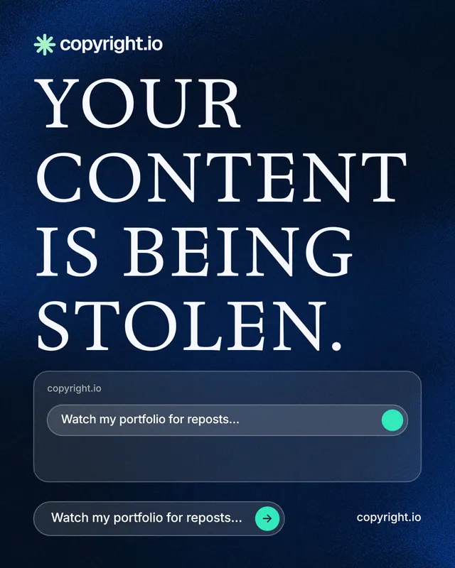 Instagram portrait post for copyright.io: "Your content is being stolen." Agentic glass style, poster layout, dark palette in blue, black, grey.