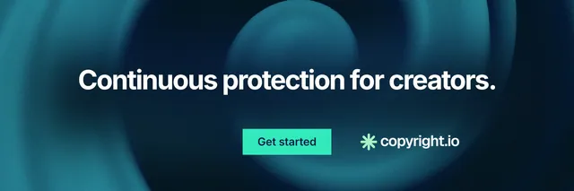X header for copyright.io: "Continuous protection for creators." Swiss style, centred layout, dark palette in blue, black, teal.