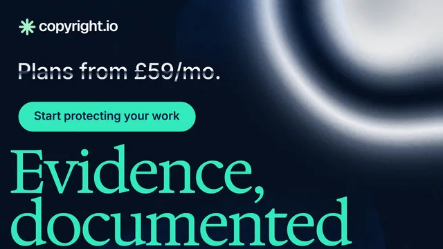 Landscape graphic for copyright.io: "Evidence, documented." Y2K style, oversized layout, dark palette in black, teal, blue.