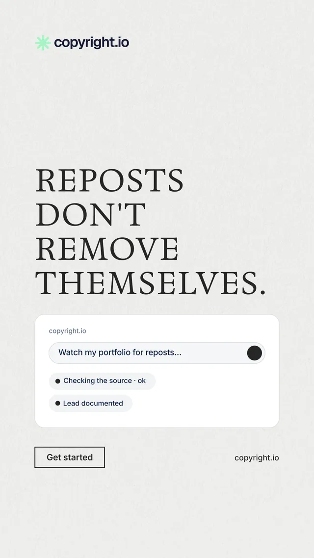 Instagram story for copyright.io: "Reposts don't remove themselves." Editorial style, poster layout, light palette in white.