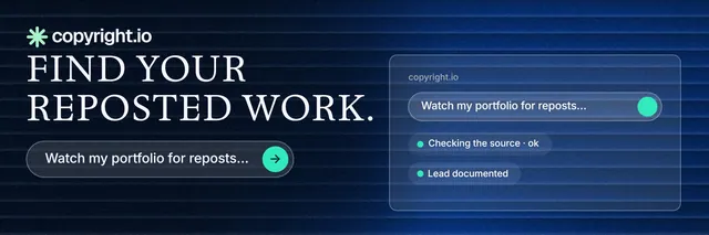 X header for copyright.io: "Find your reposted work." Agentic glass style, skeleton layout, dark palette in black, blue.