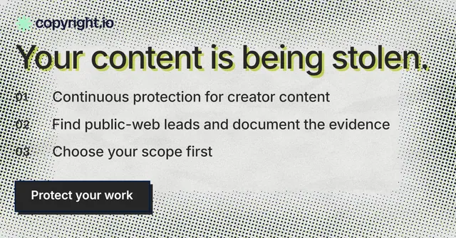 Social ad for copyright.io: "Your content is being stolen." Brutalist style, numbered layout, light palette in grey, white.