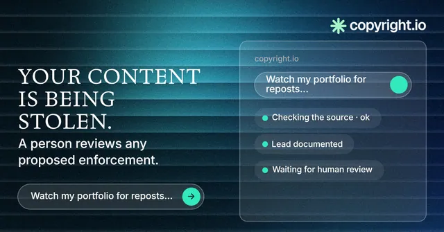 Social ad for copyright.io: "Your content is being stolen." Agentic glass style, bottom layout, dark palette in blue, black, teal.
