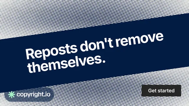 Landscape graphic for copyright.io: "Reposts don't remove themselves." Swiss style, diagonal layout, dark palette in blue, grey.