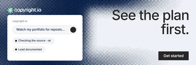 X header for copyright.io: "See the plan first." Swiss style, right layout, light palette in white, blue, grey.