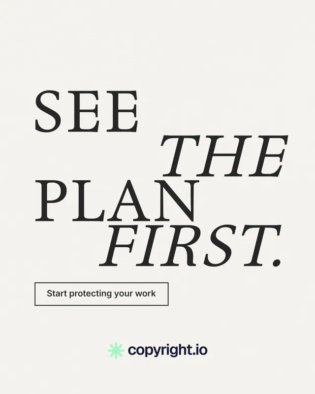 Instagram portrait post for copyright.io: "See the plan first." Editorial style, stacked layout, light palette in white, grey.
