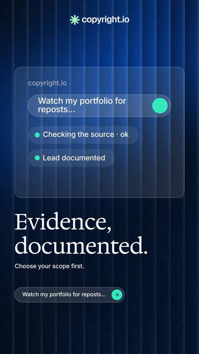 Instagram story for copyright.io: "Evidence, documented." Agentic glass style, bottom layout, dark palette in blue, black.