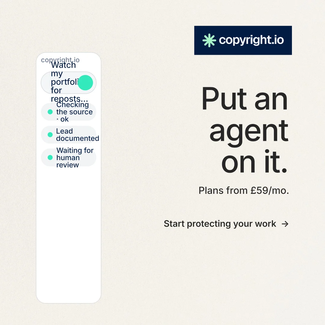 Instagram post for copyright.io: "Put an agent on it." Minimal luxury style, right layout, light palette in white, grey.