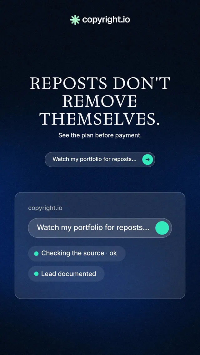 Instagram story for copyright.io: "Reposts don't remove themselves." Agentic glass style, centred layout, dark palette in black, blue.