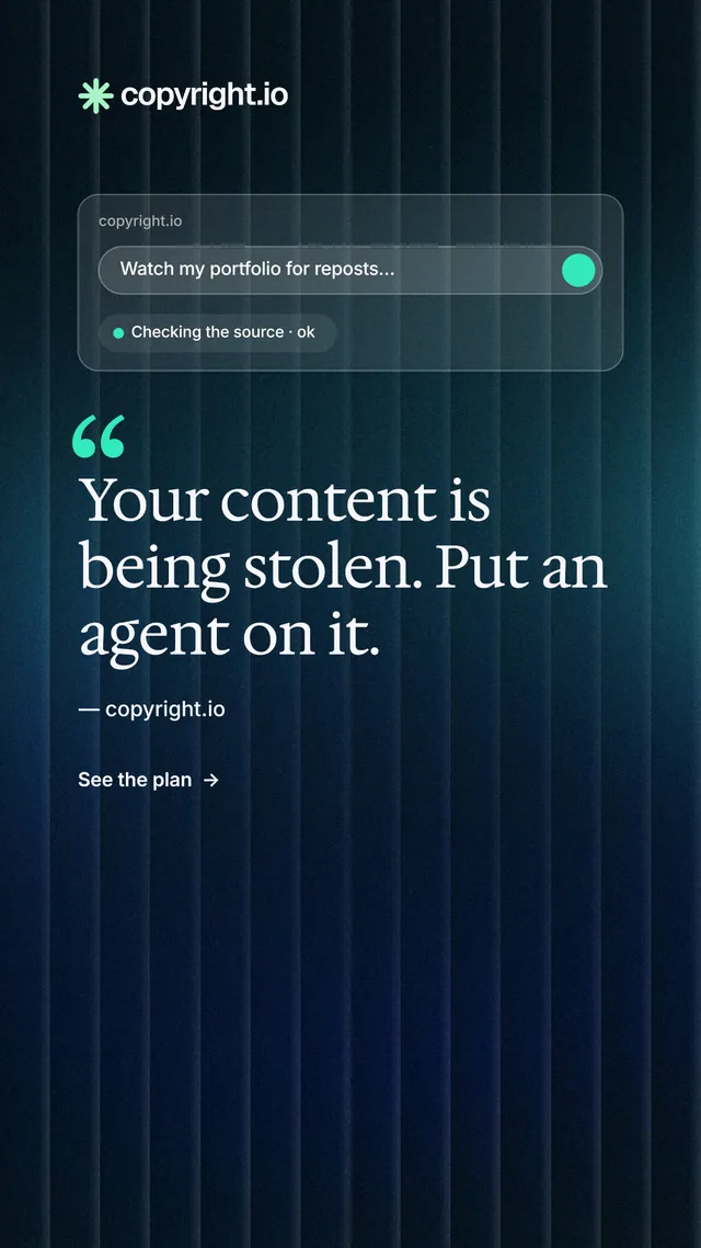 Instagram story for copyright.io: "Your content is being stolen." Minimal luxury style, quote layout, dark palette in blue, black.