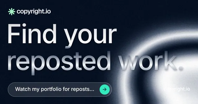 Social ad for copyright.io: "Find your reposted work." Agentic glass style, poster layout, dark palette in black, grey, blue.