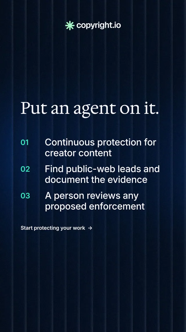 Instagram story for copyright.io: "Put an agent on it." Minimal luxury style, numbered layout, dark palette in black, blue.