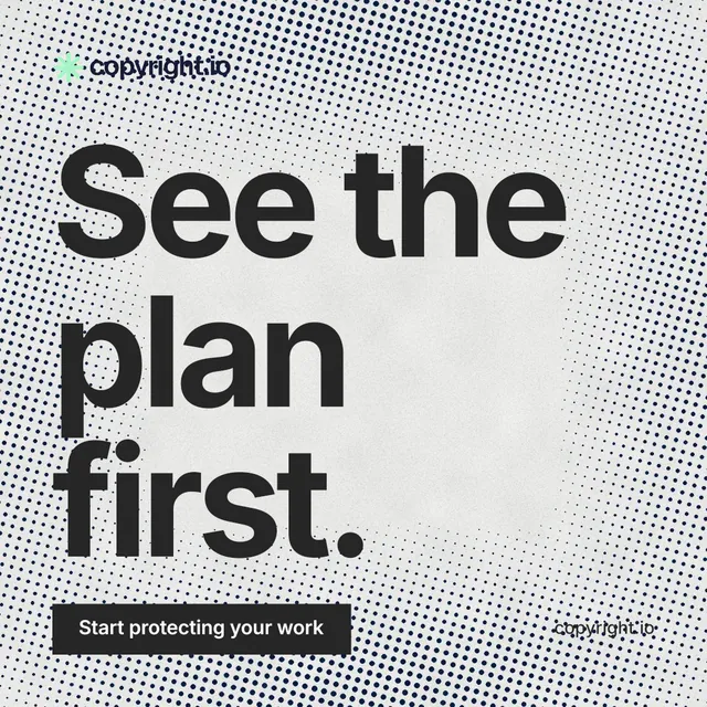 Instagram post for copyright.io: "See the plan first." Swiss style, poster layout, light palette in grey, white.
