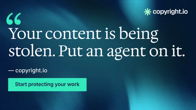 Landscape graphic for copyright.io: "Reposts don't remove themselves." Swiss style, quote layout, dark palette in blue, teal.