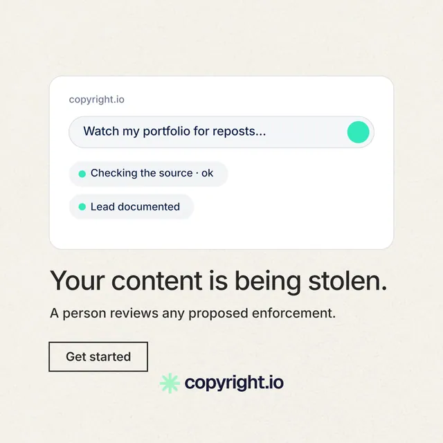 Instagram post for copyright.io: "Your content is being stolen." Editorial style, bottom layout, light palette in white.
