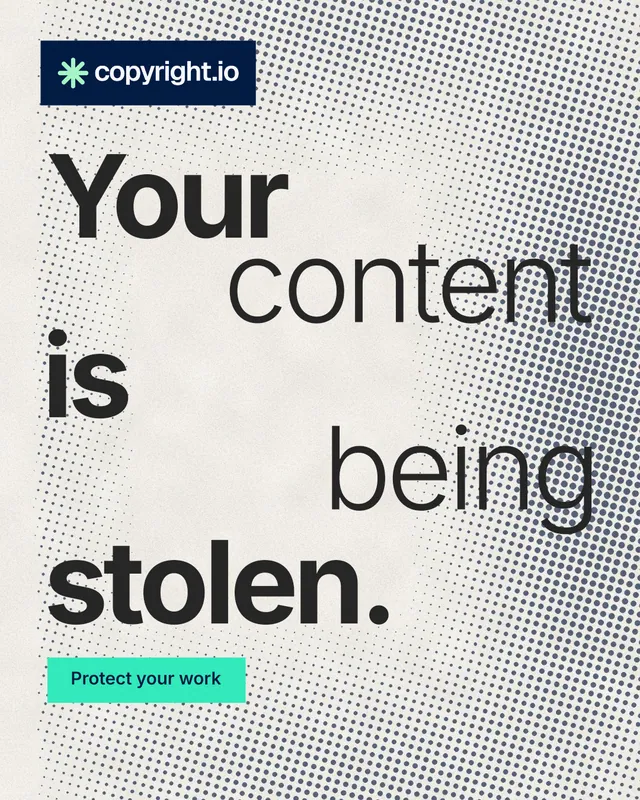 Instagram portrait post for copyright.io: "Your content is being stolen." Swiss style, stacked layout, light palette in grey, orange, white.