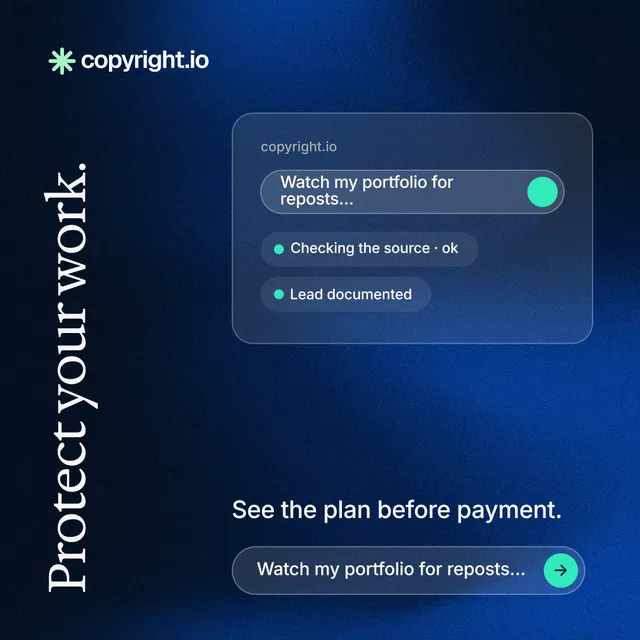 Instagram post for copyright.io: "Protect your work." Agentic glass style, vertical layout, dark palette in blue, black.