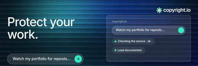 X header for copyright.io: "Protect your work." Agentic glass style, bottom layout, dark palette in blue, black, teal.
