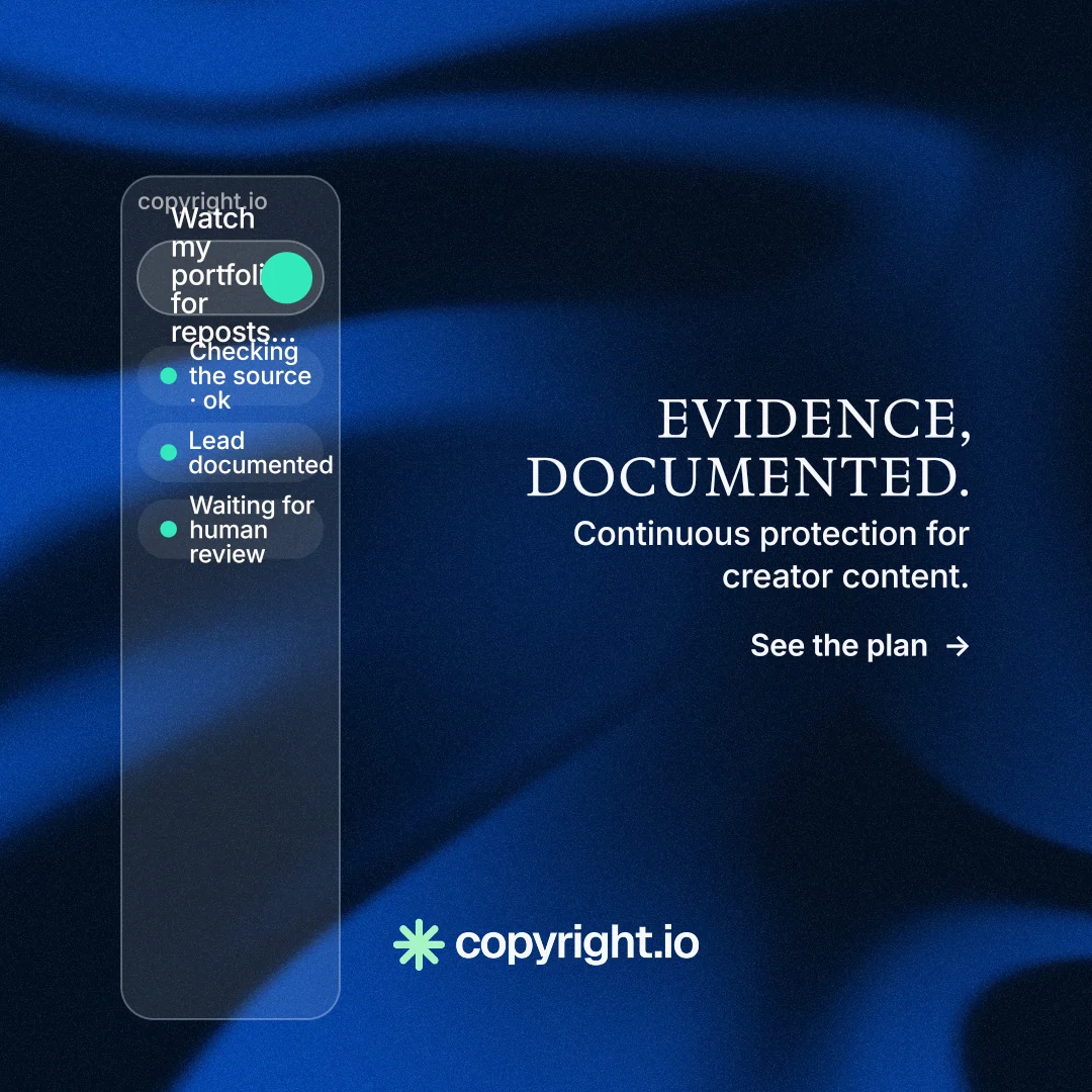 Instagram post for copyright.io: "Evidence, documented." Minimal luxury style, right layout, dark palette in blue, black.