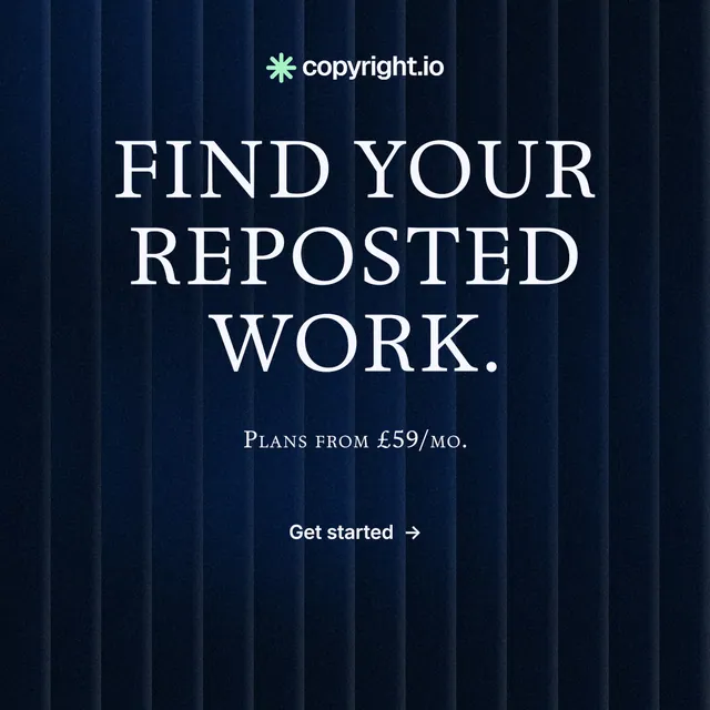 Instagram post for copyright.io: "Find your reposted work." Agentic glass style, smallcaps layout, dark palette in black, blue.