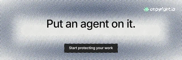 X header for copyright.io: "Put an agent on it." Swiss style, centred layout, light palette in grey, white.