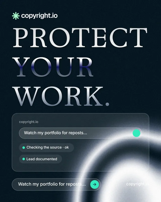 Instagram portrait post for copyright.io: "Protect your work." Agentic glass style, poster layout, dark palette in black, blue, grey.