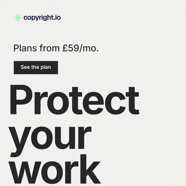 Instagram post for copyright.io: "Put an agent on it." Swiss style, oversized layout, light palette in white, grey.