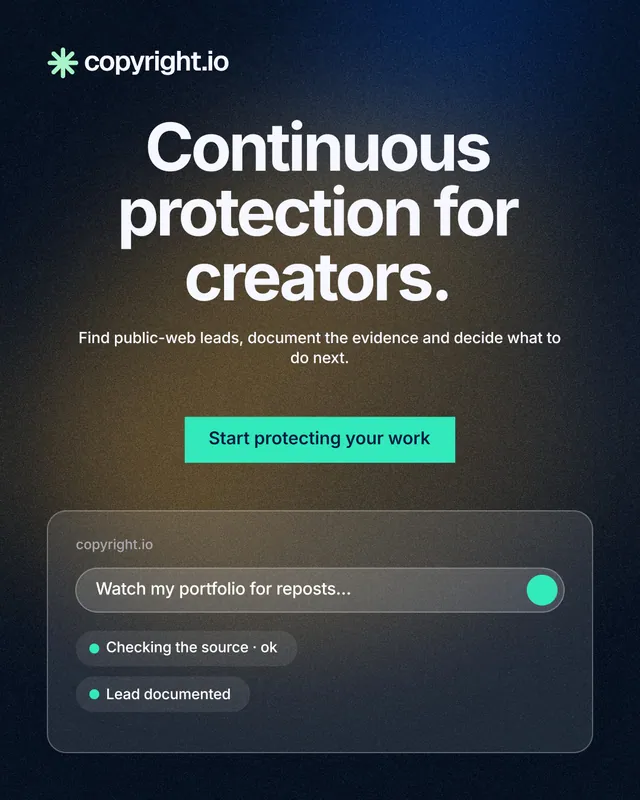 Instagram portrait post for copyright.io: "Continuous protection for creators." Swiss style, centred layout, dark palette in blue, black, grey.
