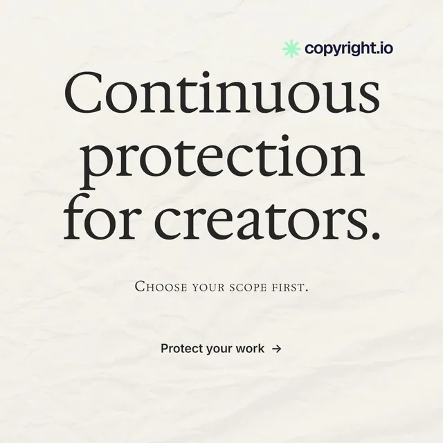 Instagram post for copyright.io: "Continuous protection for creators." Minimal luxury style, smallcaps layout, light palette in white, grey.