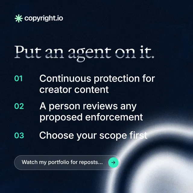 Instagram post for copyright.io: "Put an agent on it." Agentic glass style, numbered layout, dark palette in black, grey.