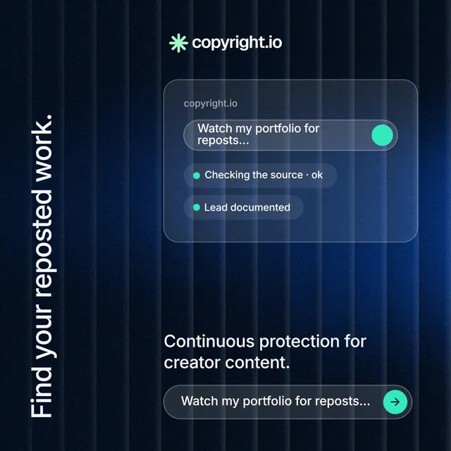 Instagram post for copyright.io: "Find your reposted work." Agentic glass style, vertical layout, dark palette in black, blue.