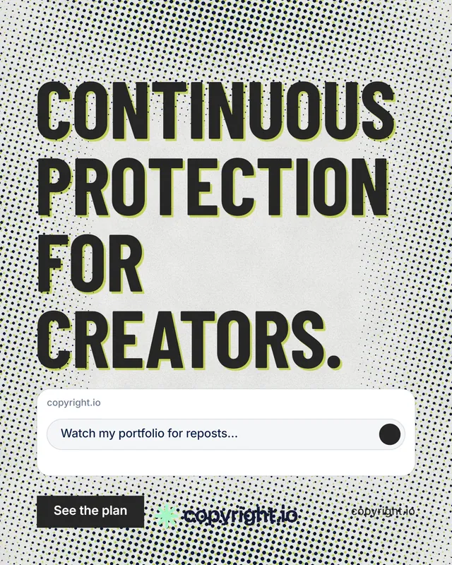 Instagram portrait post for copyright.io: "Continuous protection for creators." Retro print style, poster layout, light palette in grey, white.