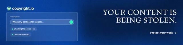 LinkedIn banner for copyright.io: "Your content is being stolen." Minimal luxury style, right layout, dark palette in blue.