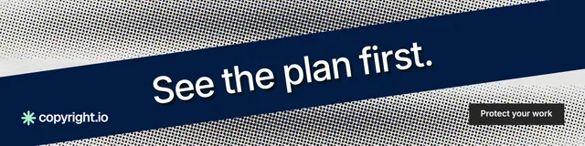 LinkedIn banner for copyright.io: "See the plan first." Retro print style, diagonal layout, dark palette in blue, grey.