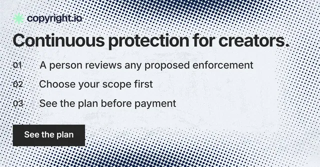 Social ad for copyright.io: "Continuous protection for creators." Swiss style, numbered layout, light palette in white, blue, grey.