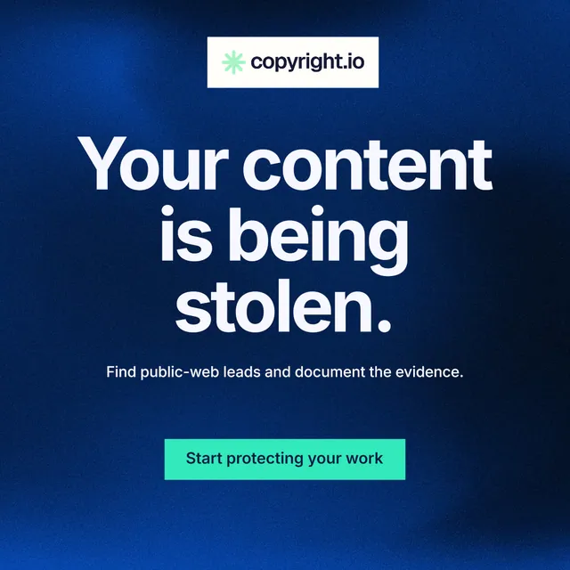 Instagram post for copyright.io: "Your content is being stolen." Swiss style, centred layout, dark palette in blue, black.