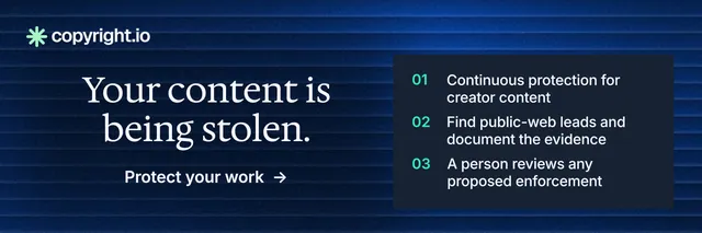 X header for copyright.io: "Your content is being stolen." Minimal luxury style, skeleton layout, dark palette in blue, black, grey.