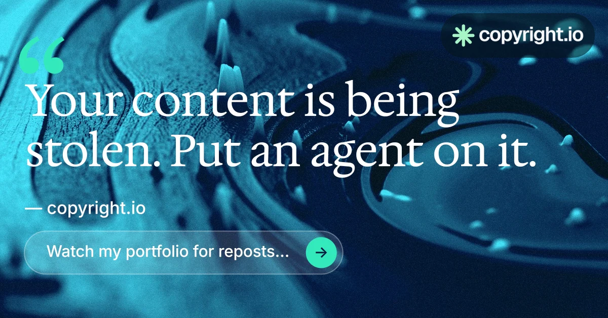 Social ad for copyright.io: "Continuous protection for creators." Agentic glass style, quote layout, dark palette in black, teal, blue.