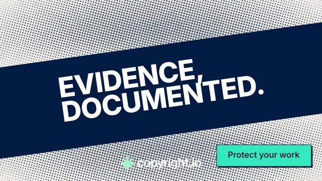 Landscape graphic for copyright.io: "Evidence, documented." Brutalist style, diagonal layout, light palette in blue, grey, white.