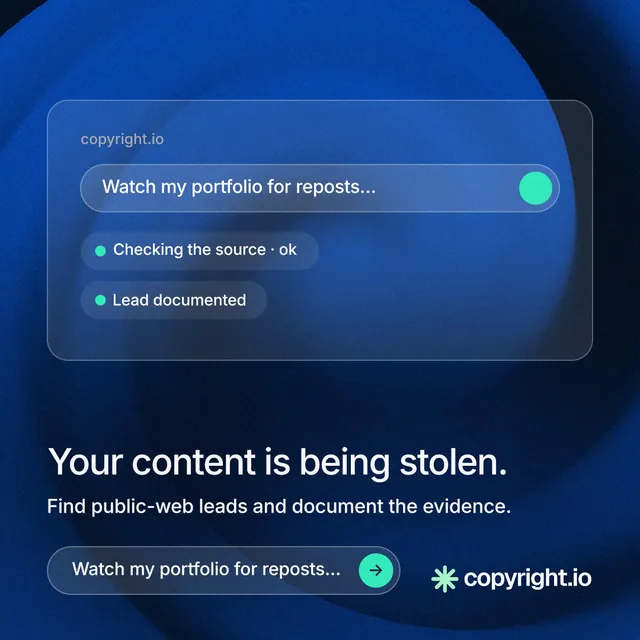 Instagram post for copyright.io: "Your content is being stolen." Agentic glass style, bottom layout, dark palette in blue, black.