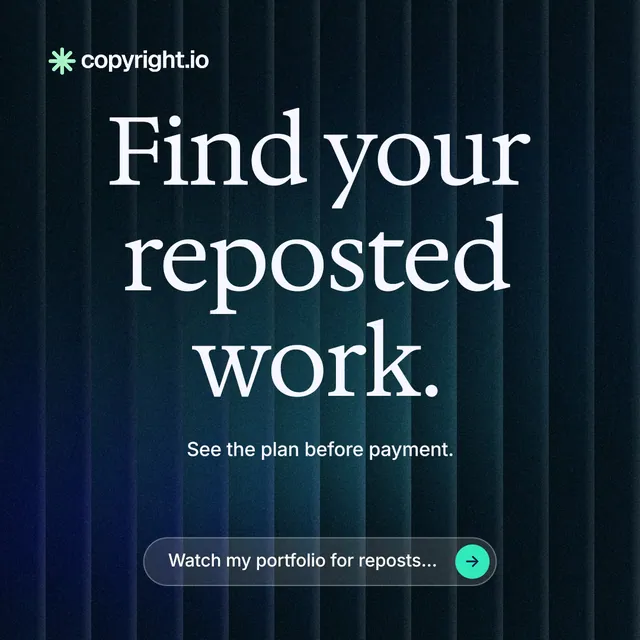 Instagram post for copyright.io: "Find your reposted work." Agentic glass style, centred layout, dark palette in black, blue.