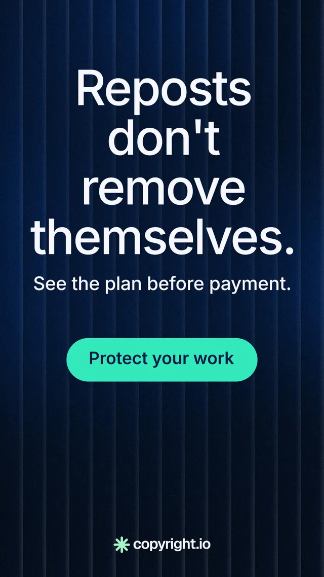 Instagram story for copyright.io: "Reposts don't remove themselves." Agentic glass style, skeleton layout, dark palette in blue, black.