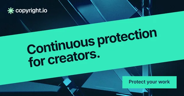 Social ad for copyright.io: "Continuous protection for creators." Swiss style, diagonal layout, light palette in teal, black.