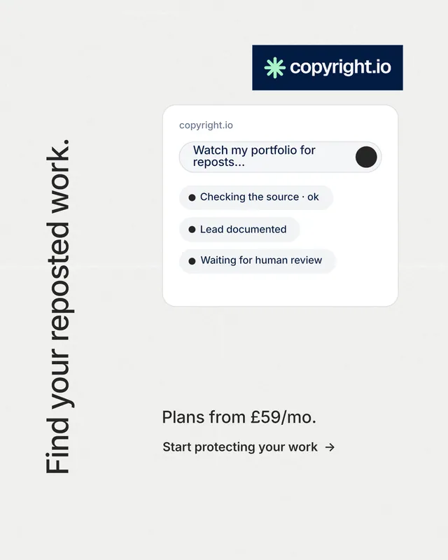 Instagram portrait post for copyright.io: "Find your reposted work." Minimal luxury style, vertical layout, light palette in white, grey.