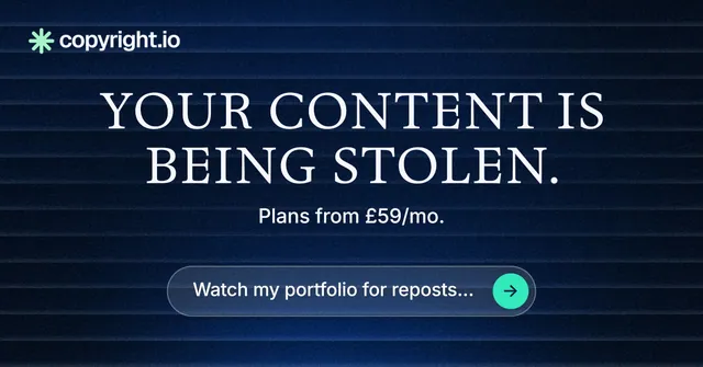 Social ad for copyright.io: "Your content is being stolen." Agentic glass style, centred layout, dark palette in blue, black.